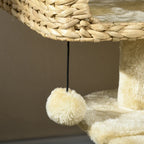 Hanging pom-pom toy ball on beige cat tree platform and scratching post
