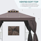 Brown double-roof gazebo top with side curtain panels and vented canopy