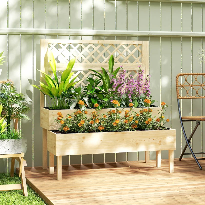 Natural wood two-tier raised planter box with lattice trellis and flowers