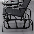 Black outdoor gliding chair with mesh back and smooth metal frame, side view
