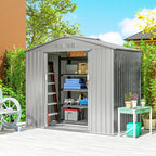 Light grey metal garden storage shed with open double doors and shelves inside.