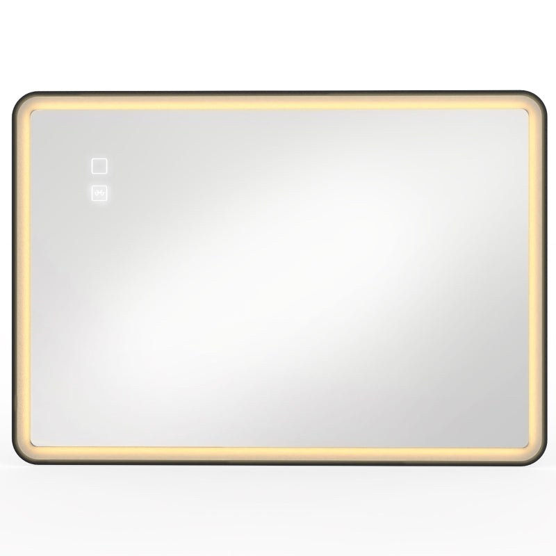 Black rectangle LED bathroom mirror with warm light border, front view