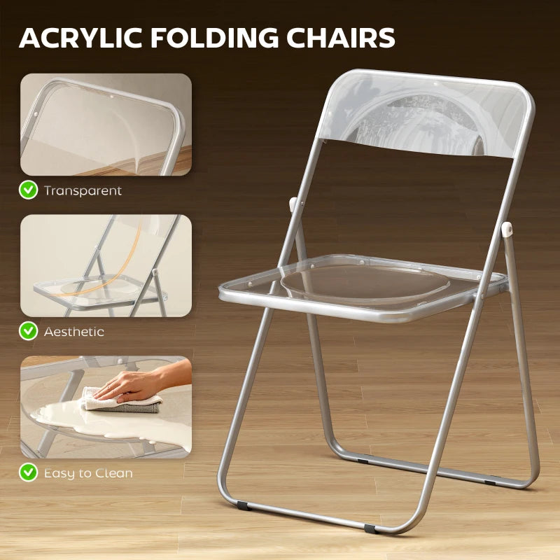 Transparent acrylic folding chair with clear seat and backrest, steel folding frame