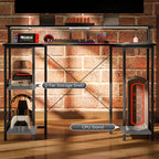 Black LED computer desk with two-tier storage shelves and CPU stand