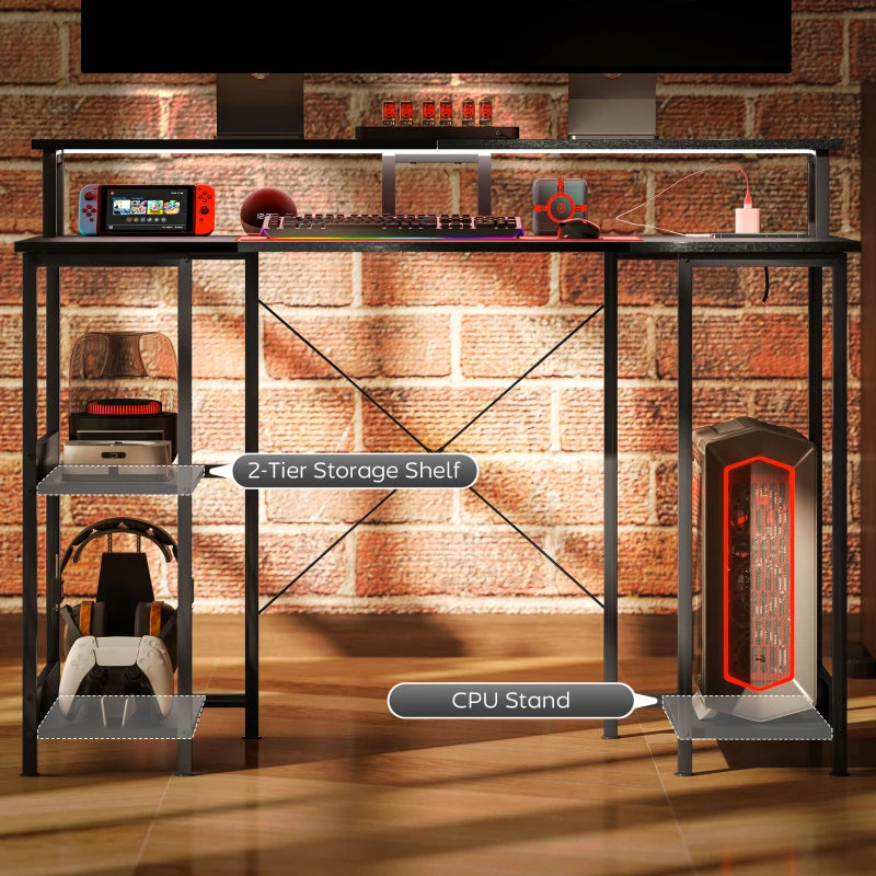 Black LED computer desk with two-tier storage shelves and CPU stand