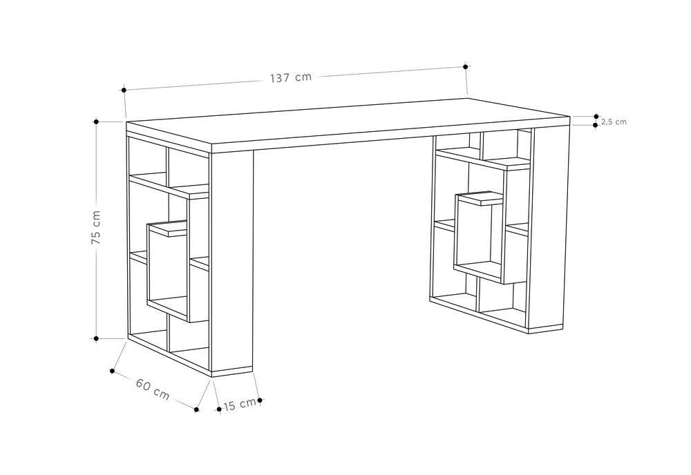 Modern desk with bookshelf legs, technical drawing with width and height dimensions.