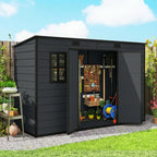 Dark grey resin garden shed with open double doors, window panels, and tool storage