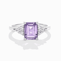 Sterling silver ring with lavender emerald-cut amethyst center and round side stones