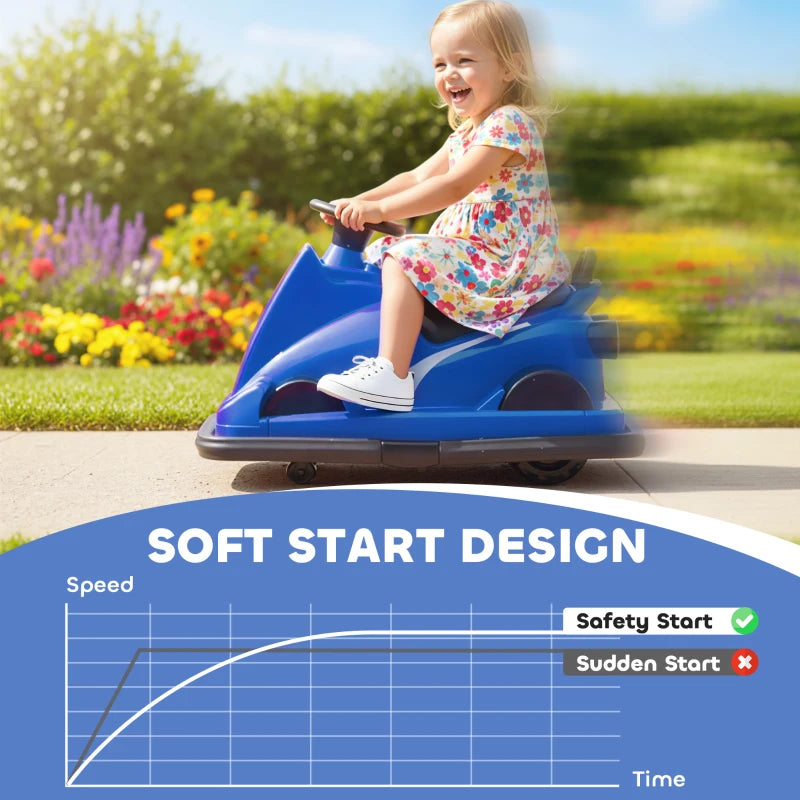Blue electric bumper car with a child riding in the seat and glowing front LEDs