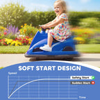 Blue electric bumper car with a child riding in the seat and glowing front LEDs