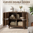 Dark walnut cabinet with curved double doors open to reveal two storage sections