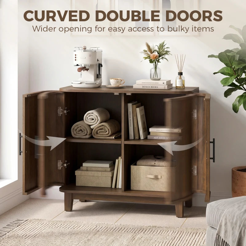 Dark walnut cabinet with curved double doors open to reveal two storage sections