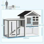 Grey and white wooden small animal hutch with fenced run, house shelter, and access door