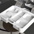 White storage tray with molded compartments for adjustable dumbbell weights