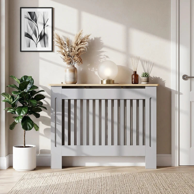 Grey radiator cover with vertical slat grill, light wood top shelf and wide side panels