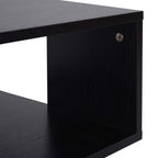 Black side panel of square end table with two-tier shelves and metal knob detail.