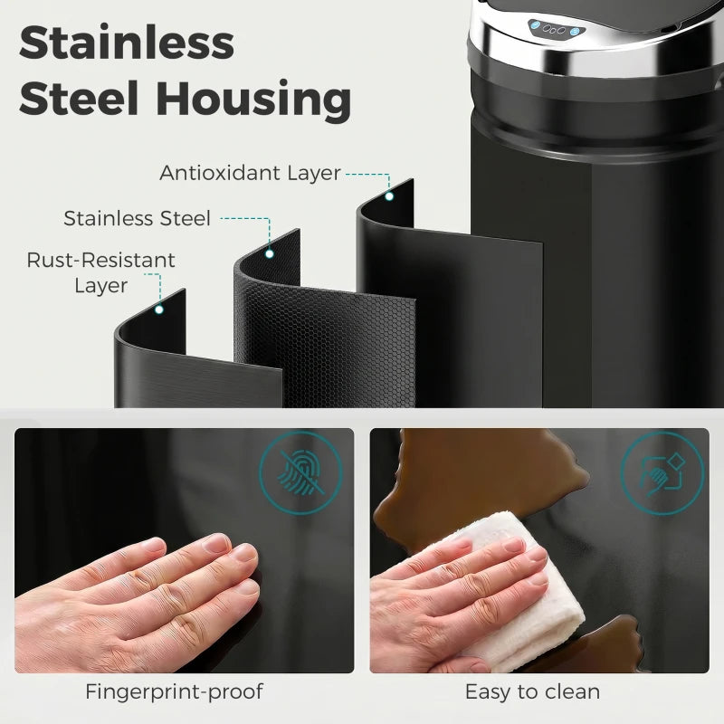 Black stainless steel trash can with fingerprint-resistant, easy-clean surface