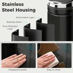 Black stainless steel trash can with fingerprint-resistant, easy-clean surface
