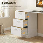 White desk with three smooth-sliding drawers, metal handles, and open storage bay