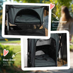 Grey pet stroller with front and rear doors opened, showing the mesh interior.