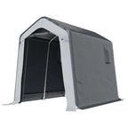 Grey waterproof storage shed tent with open front door and arched frame