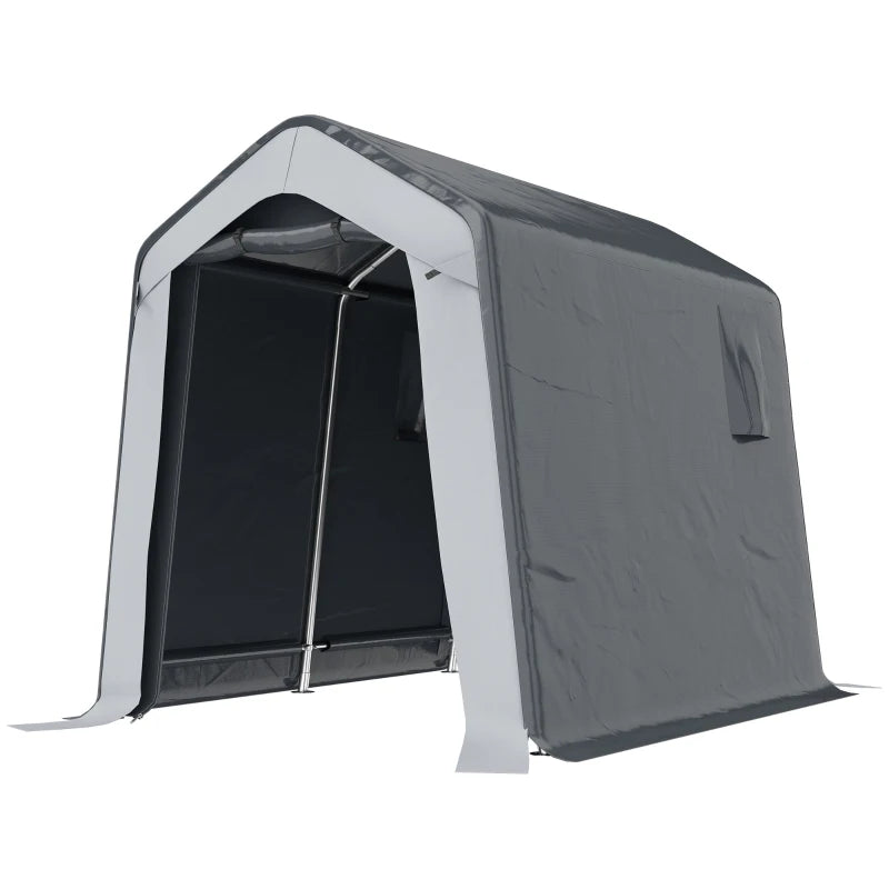 Grey waterproof storage shed tent with open front door and arched frame