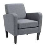 Grey upholstered accent chair with armrests and a thick padded seat