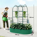 Green galvanized raised garden bed with arched trellis, planted with tall leafy greens