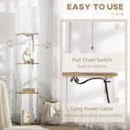 White tall floor lamp with fabric shade, pull chain switch, and long power cable