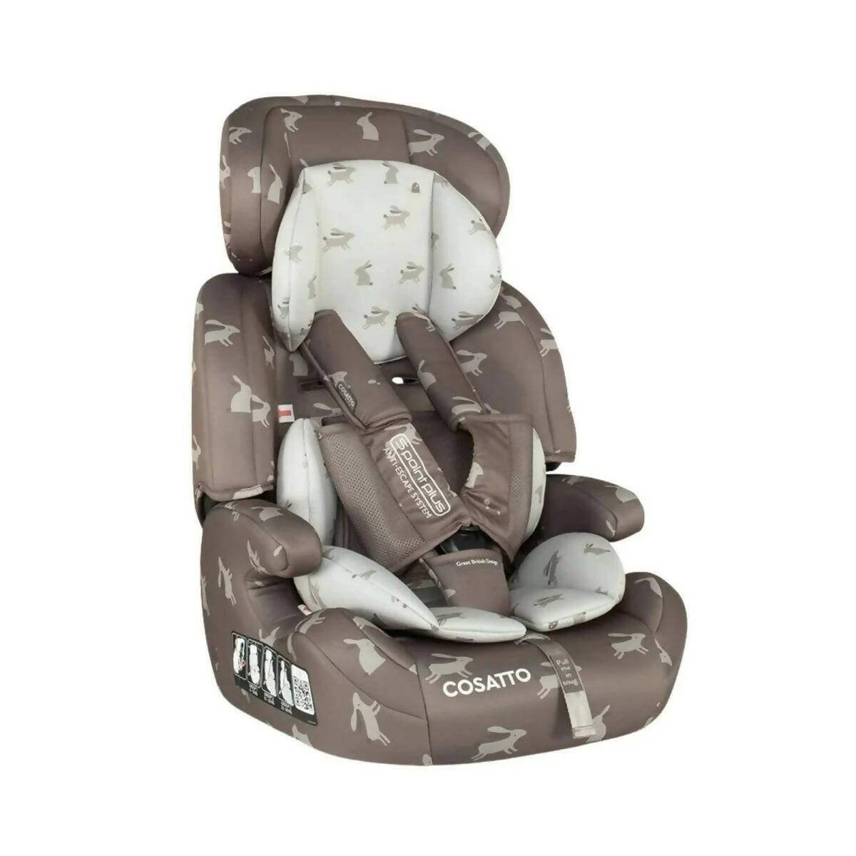 Brown toddler car seat with white animal print, padded headrest and harness pads