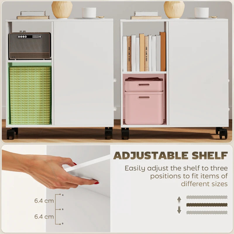 White rolling printer stand with adjustable inner shelf and two open cabinet sections