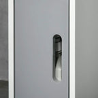 Cabinet door with arched cut-out handle opening exposing an interior shelf