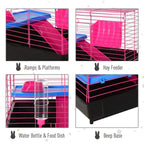 Small animal cage features: ramps, hay feeder, water bottle, food dish, and deep base.