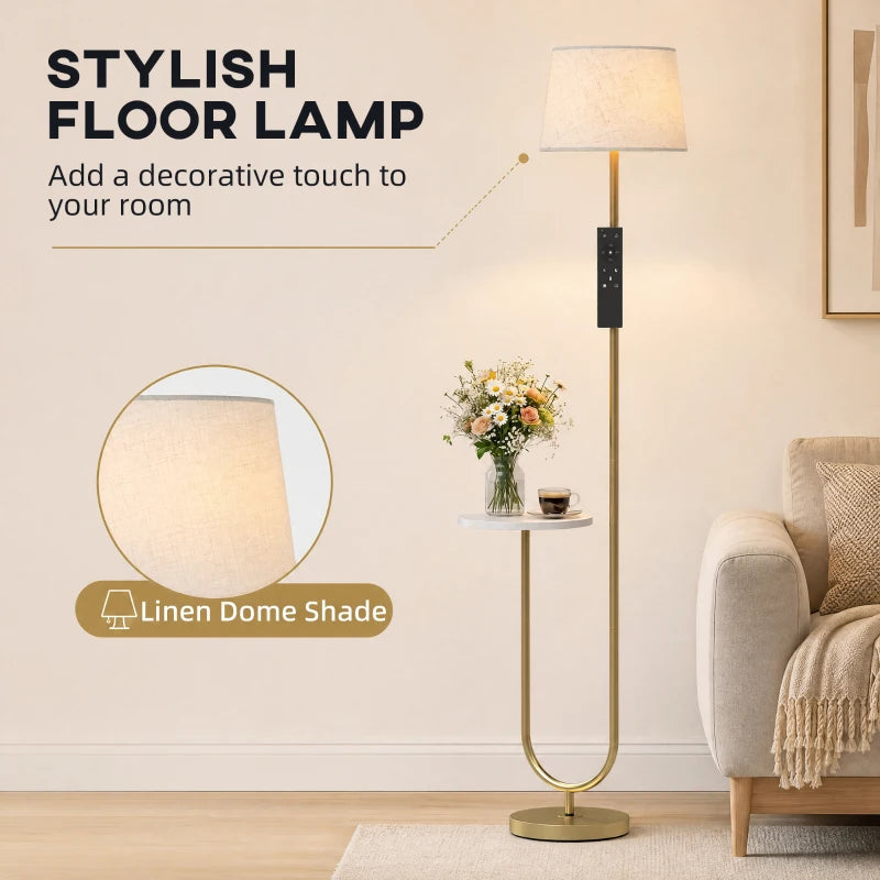 Gold-tone standing floor lamp with linen dome shade and side table shelf