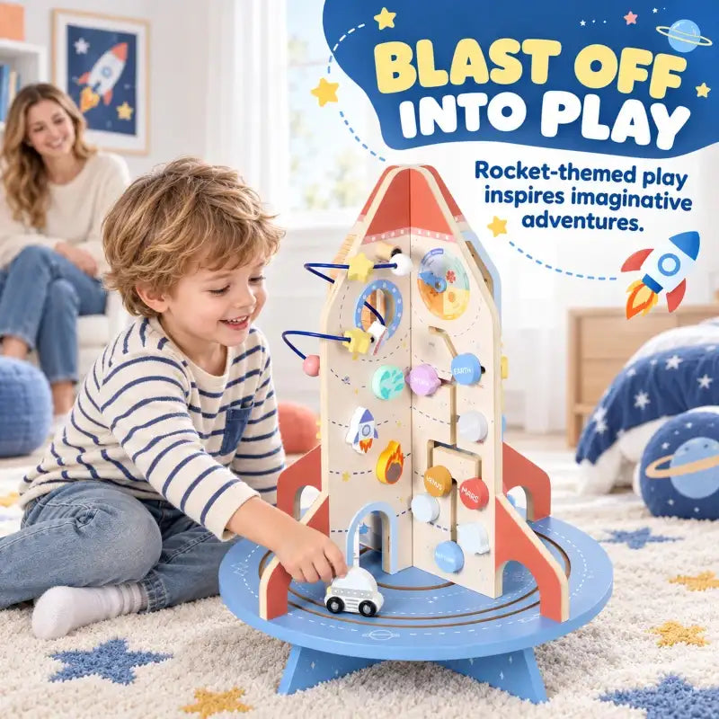 Rocket-themed wooden activity cube with bead maze and wheels, toddler playing