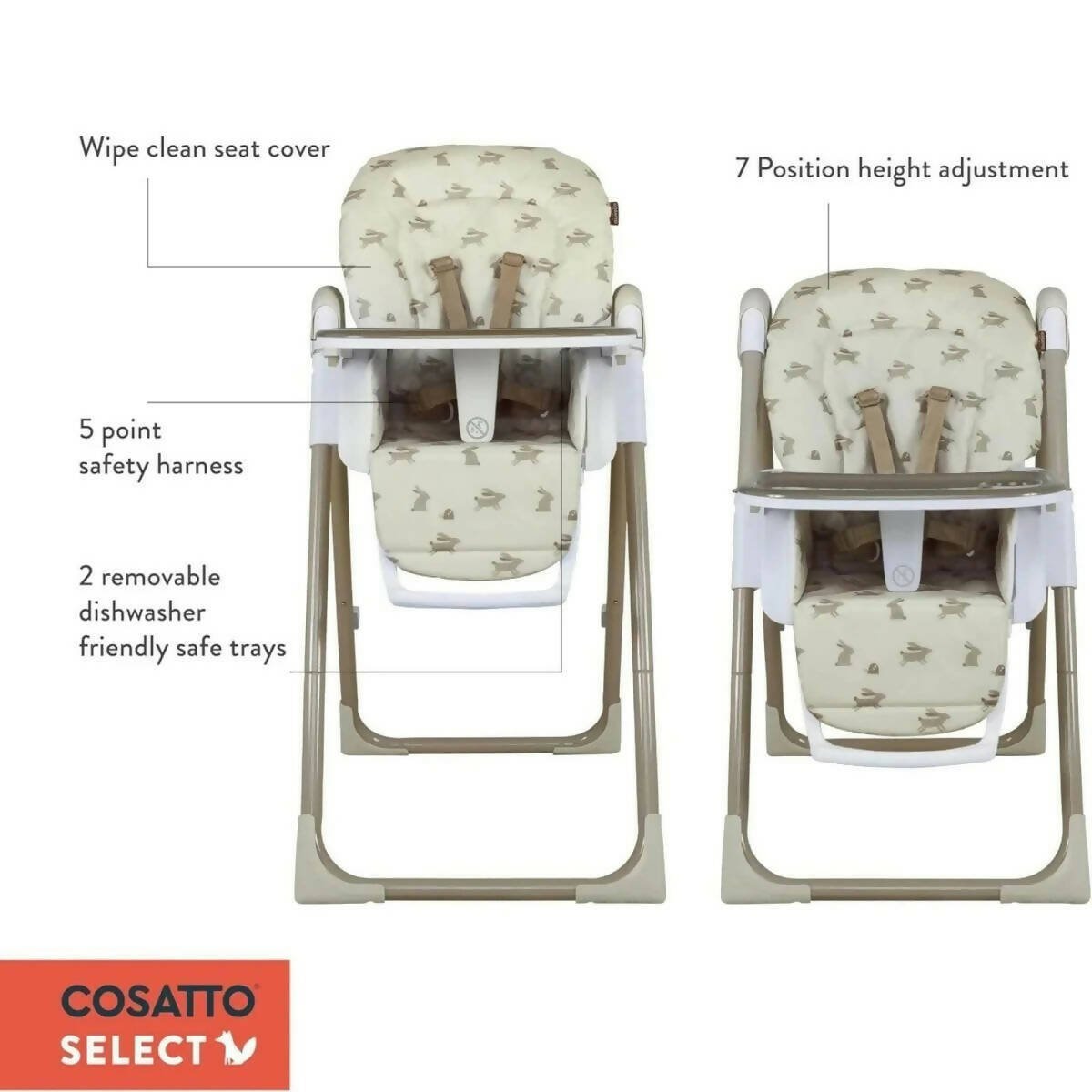 Cosatto Pip 0+ high chair front view with car-pattern seat cover and safety tray