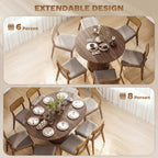 Dark walnut round extendable dining table with pedestal base, set for 6–8