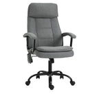 Grey fabric office chair with high back, armrests, and rolling base.