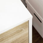TV stand cabinet close-up of white top edge and natural wood-effect side panel.