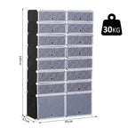 Modular cube shoe cabinet with gray compartments, black end columns, and chrome connectors