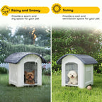 Outdoor dog kennel with dark grey roof and open door, white plastic in green yard