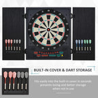 Black dartboard cabinet with built-in cover and 12 soft-tip darts in storage rack