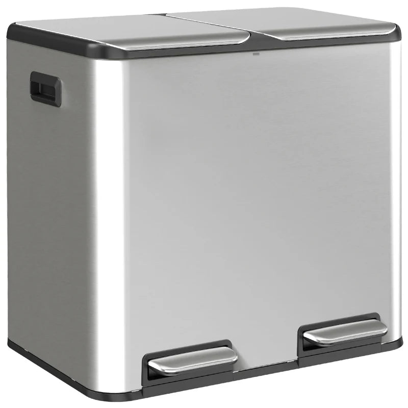 Stainless steel double kitchen bin with two pedal lids, soft-close