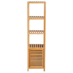 Bamboo tall cabinet with three open shelves and slatted lower door panel