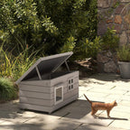 Grey outdoor cat shelter kennel with openable top, front windows, and asphalt roof