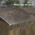 Metal shed roof panel shedding rain water, showing water runoff on textured surface