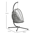 Hanging egg swing chair with dark frame, light grey cushion, and metal base