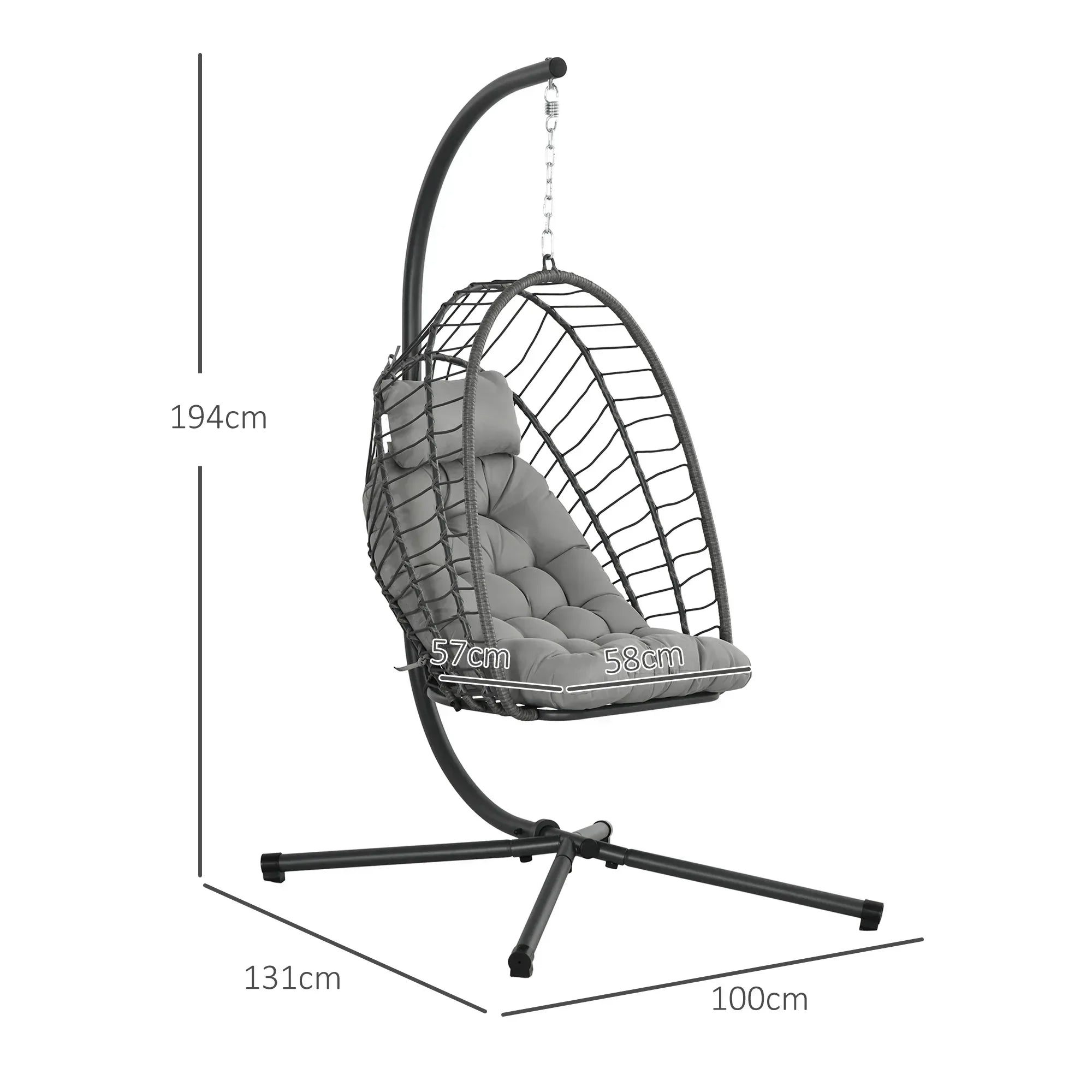 Outdoor PE Rattan Swing Chair with Foldable Basket and Cushion, Garden Patio Hanging Egg Chair with Metal Stand, Headrest for Indoor and Outdoor, Light Grey - Bobobiy