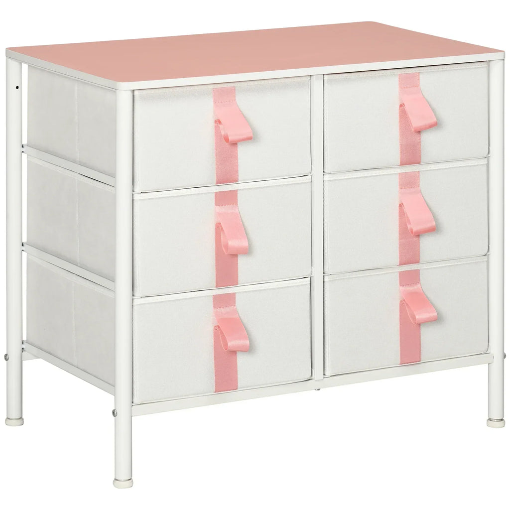 Chest of Drawers, Cloth Organizer Unit with 6 Fabric Drawers, Metal Frame and Wooden Top, Storage Cabinet for Kids Room, Living Room, Closet, Hallway, Pink - Bobobiy