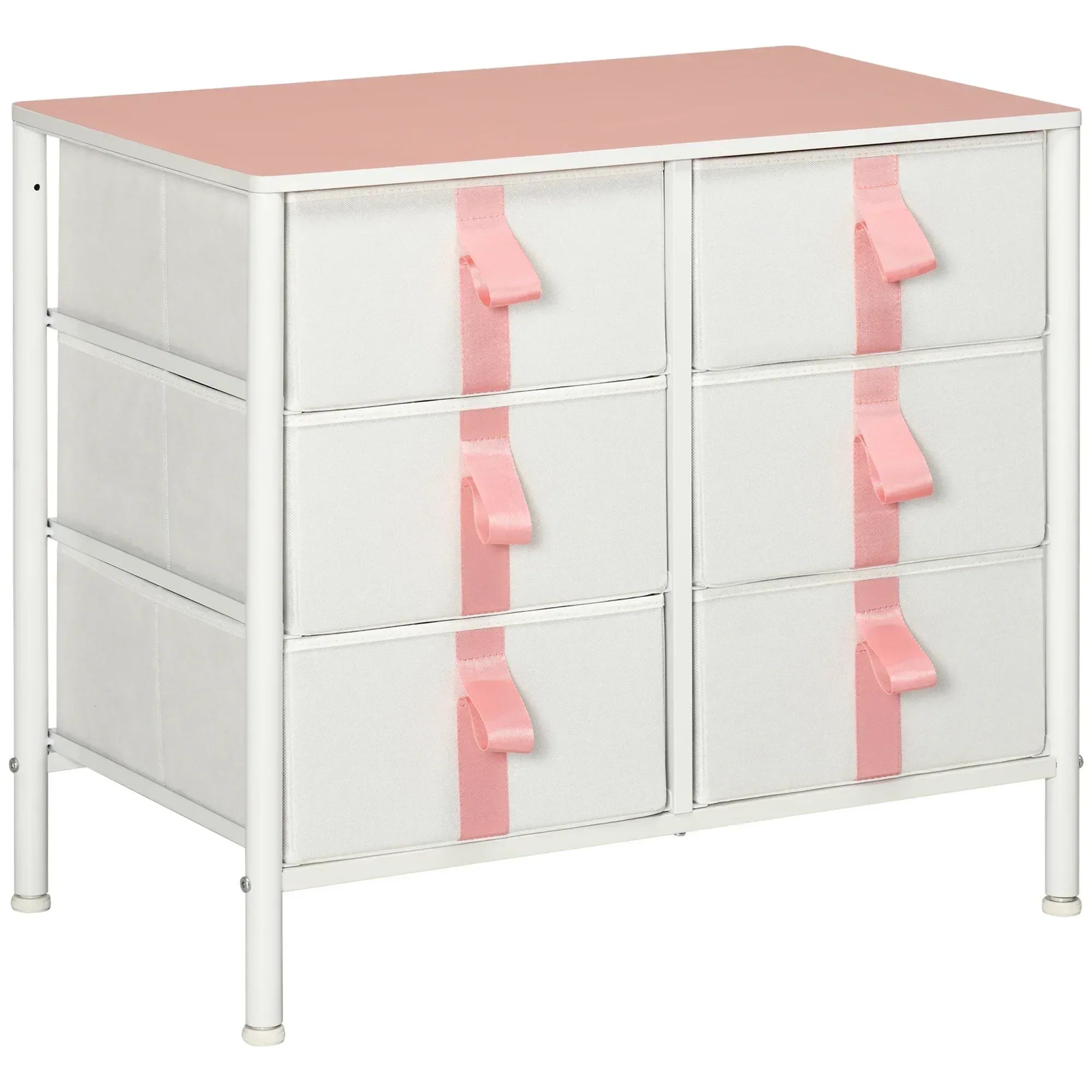 Chest of Drawers, Cloth Organizer Unit with 6 Fabric Drawers, Metal Frame and Wooden Top, Storage Cabinet for Kids Room, Living Room, Closet, Hallway, Pink - Bobobiy